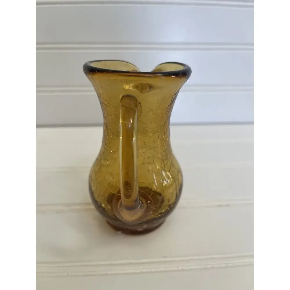 Vintage Pitcher Vessel Cottagecore MCM Amber Crackle Glass 4 1/4